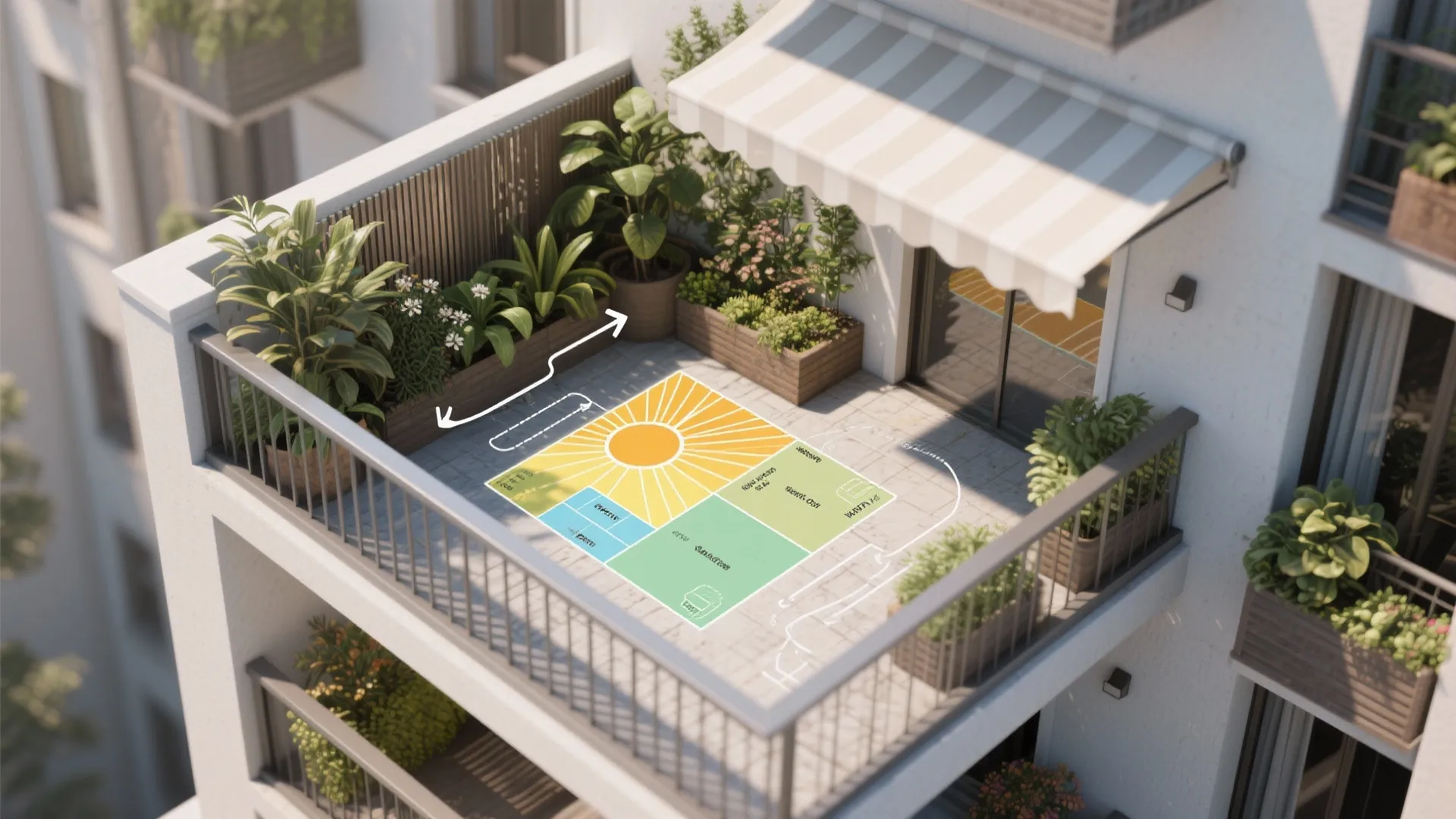 Balcony design with sun diagram showing different light zones for various types of green plants