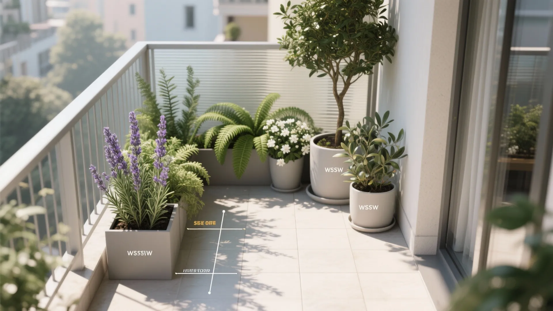 Balcony with sun and shade zones showing lavender, rosemary, ferns, jasmine, and a dwarf olive in suitable spots.