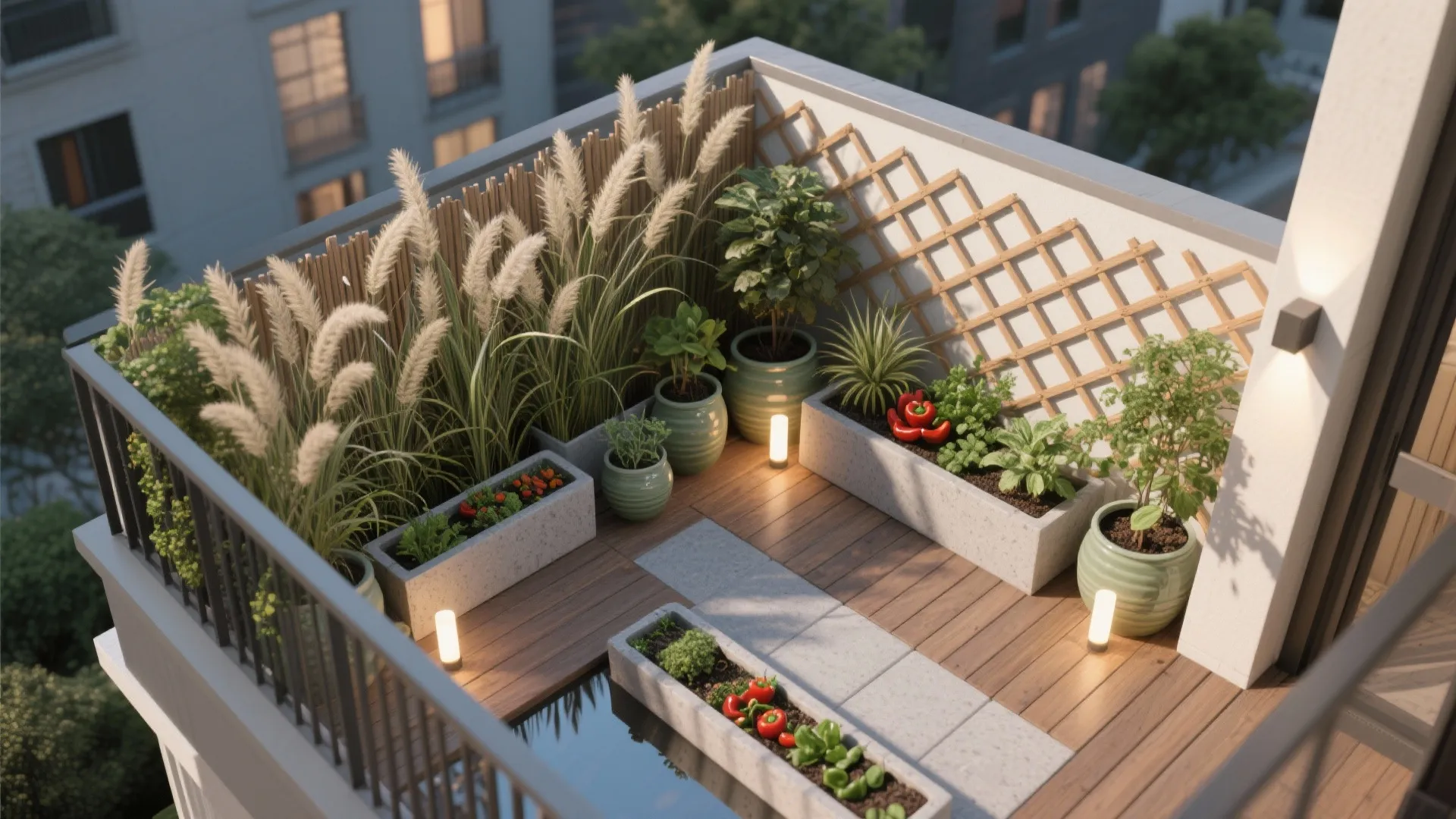 Balcony garden with wooden floor many potted plants tall grass vegetables and several warm floor lights