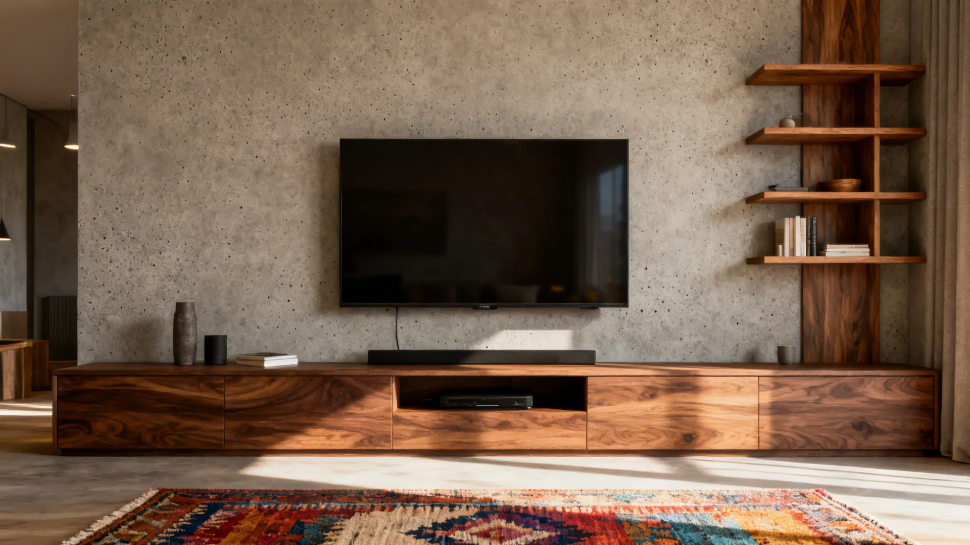 Warm greige micro-concrete textured TV wall with walnut media unit in a compact living room.