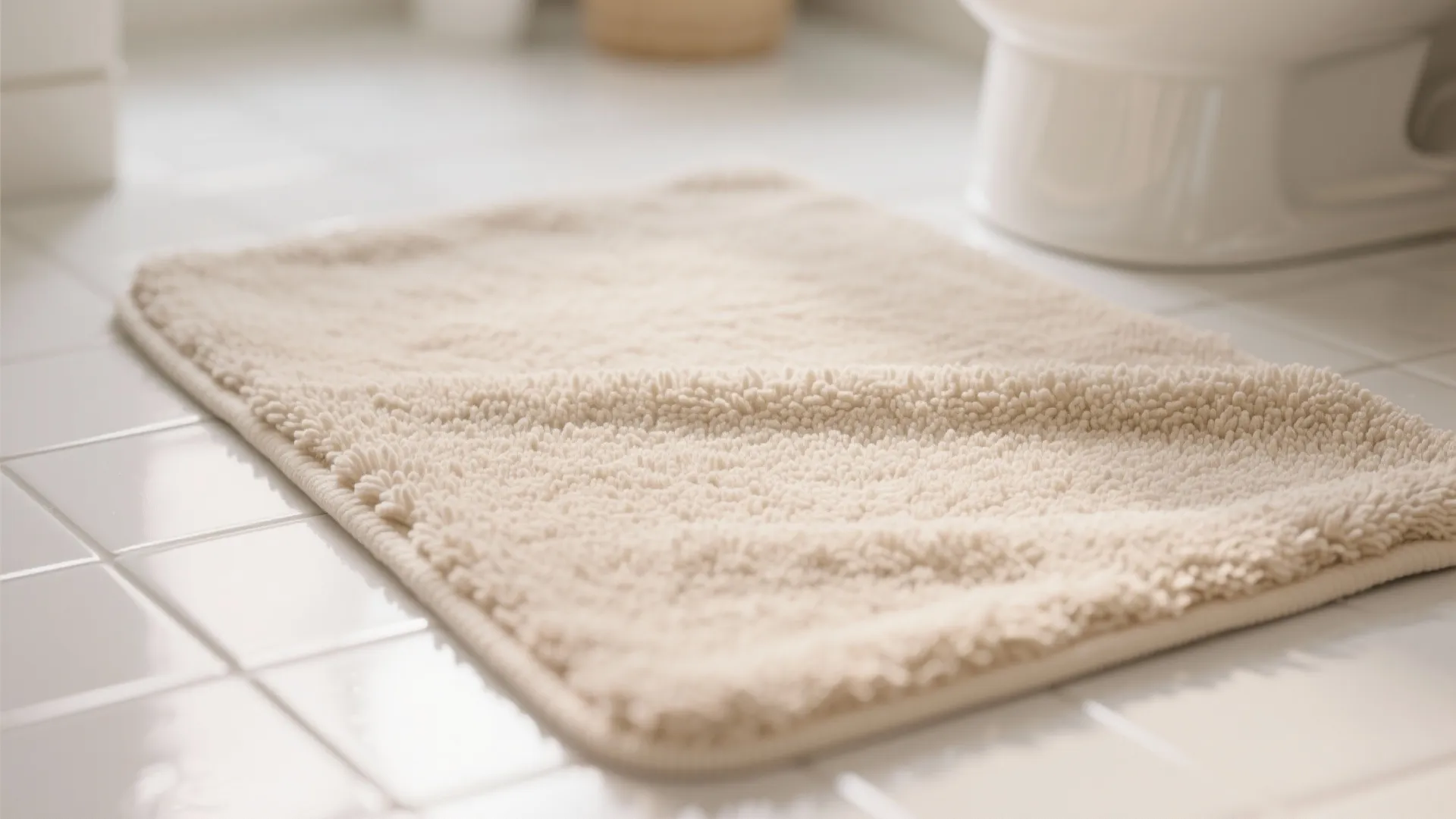 Soft beige microfiber bath mat placed on a white tiled bathroom floor next to toilet