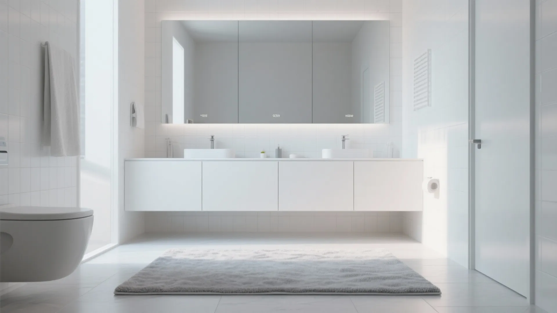 Modern white bathroom with double sink cabinet large mirror grey floor mat and toilet seat
