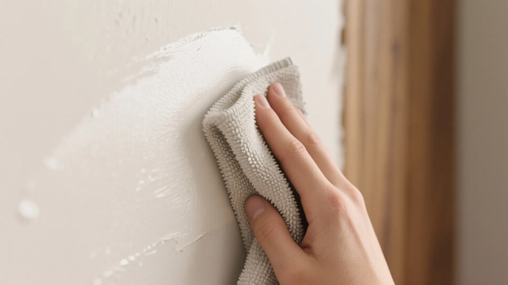 Macro close-up of a damp microfiber cloth gently wiping a painted wall, showing fine fibers and smooth paint.
