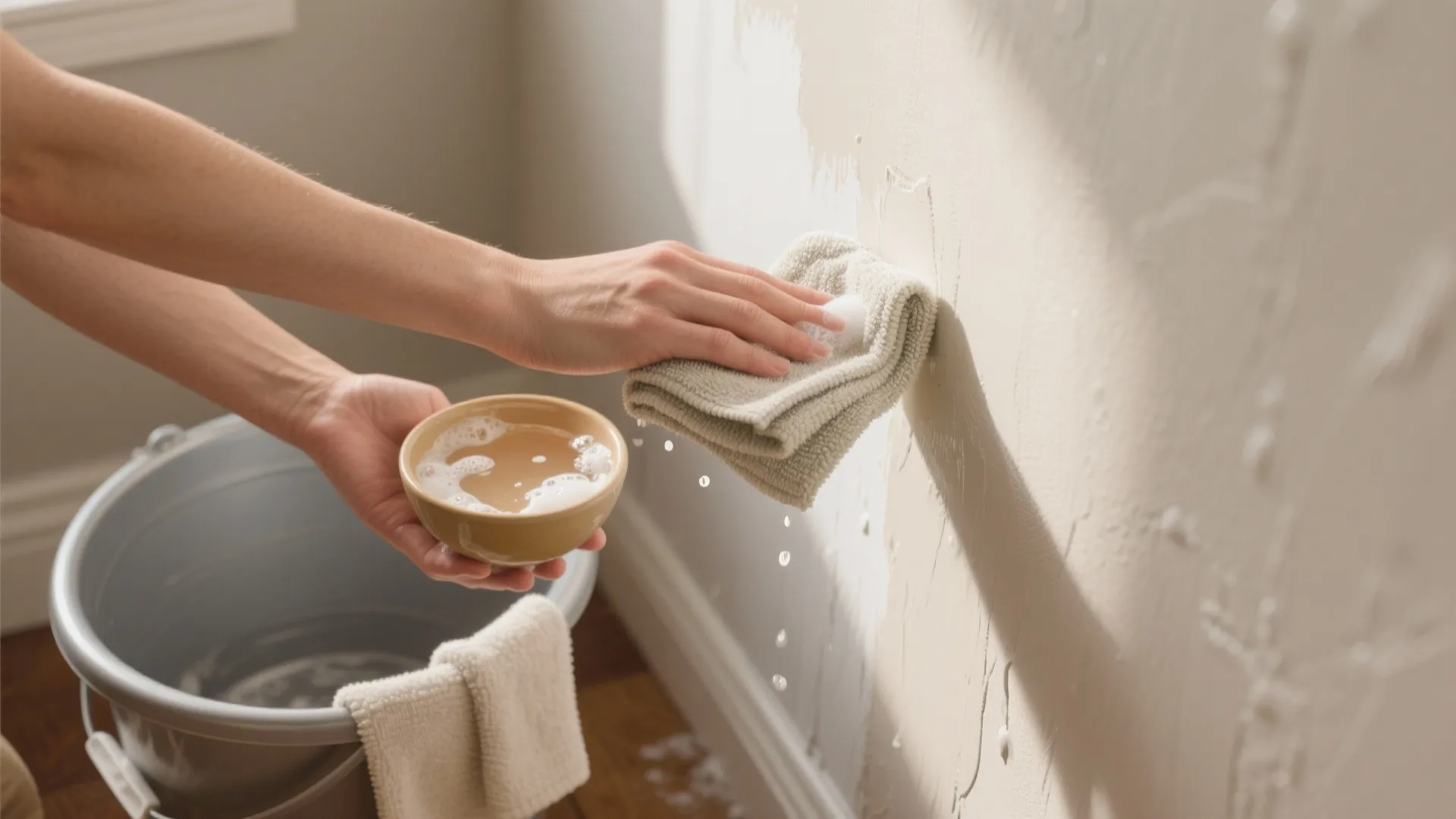 Top-down view of hands using a damp microfiber cloth and soapy water to gently clean a painted wall.