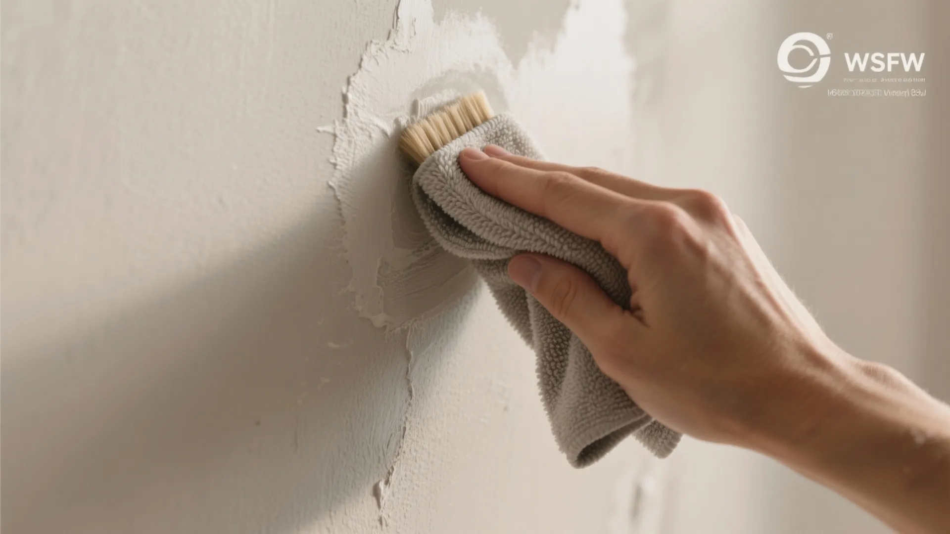 A person using a grey cleaning cloth and brush to clean dust from a wall