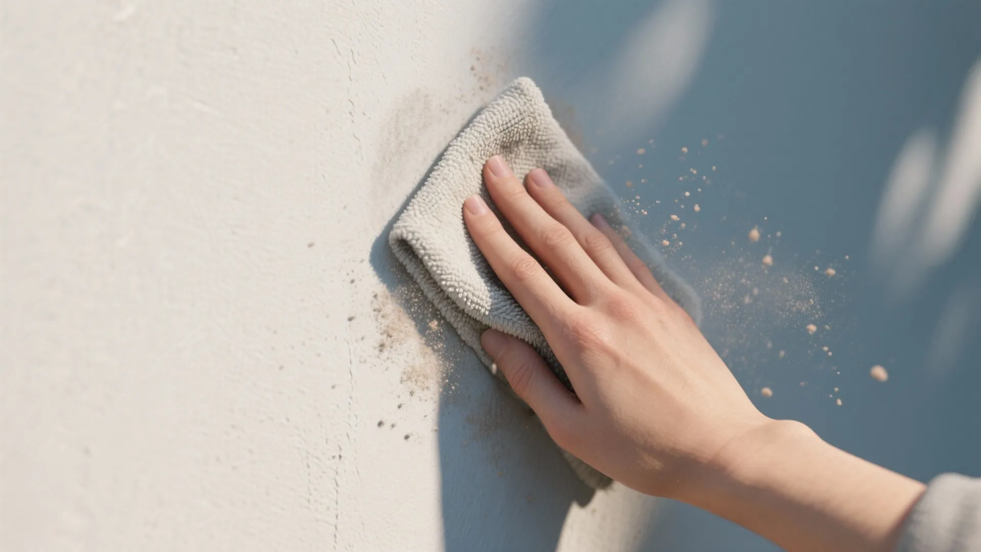 Close-up of a hand dusting a flat painted wall with a microfiber cloth.