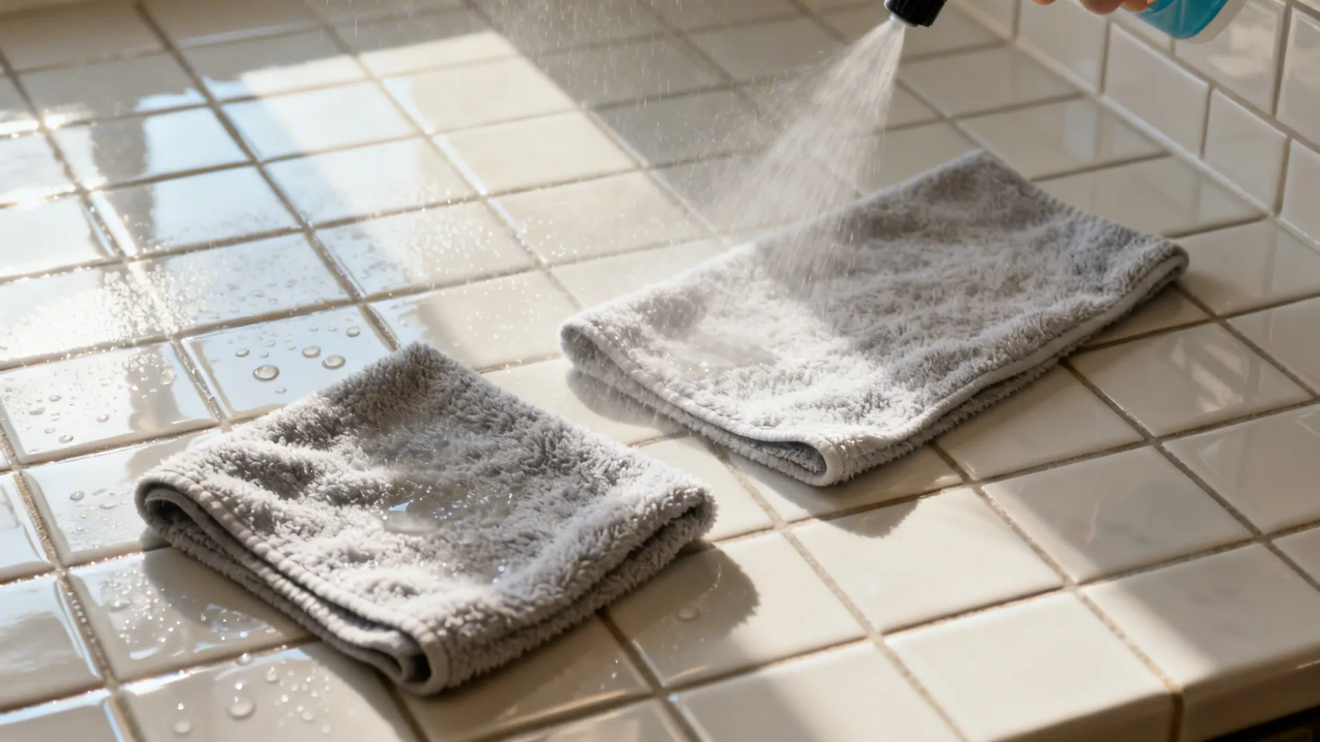 Top-down scene of misted glossy tiles with two microfiber cloths for wipe and buff.