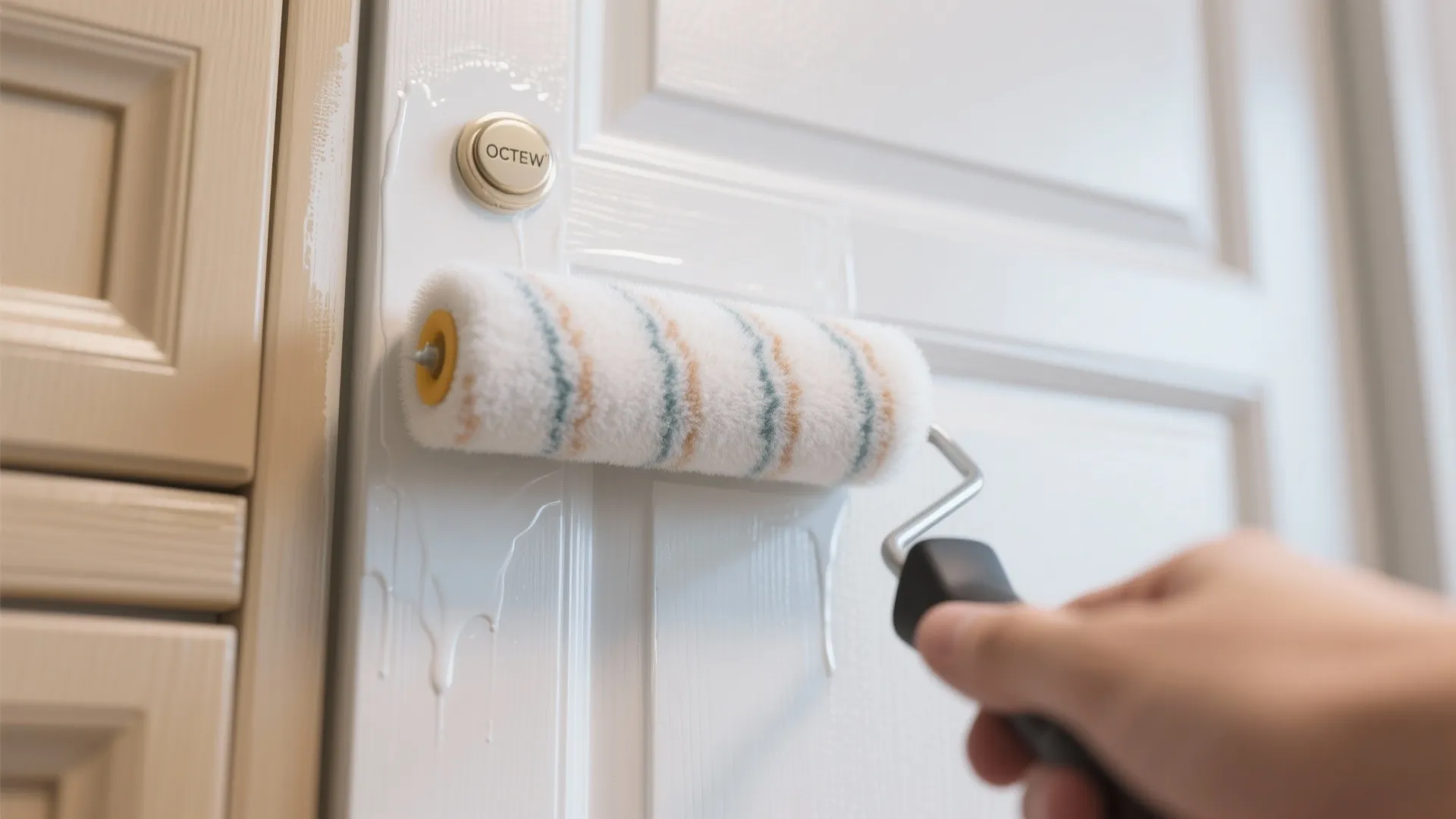 Macro view of a microfiber foam roller laying a smooth coat on a cabinet door with minimal stipple.