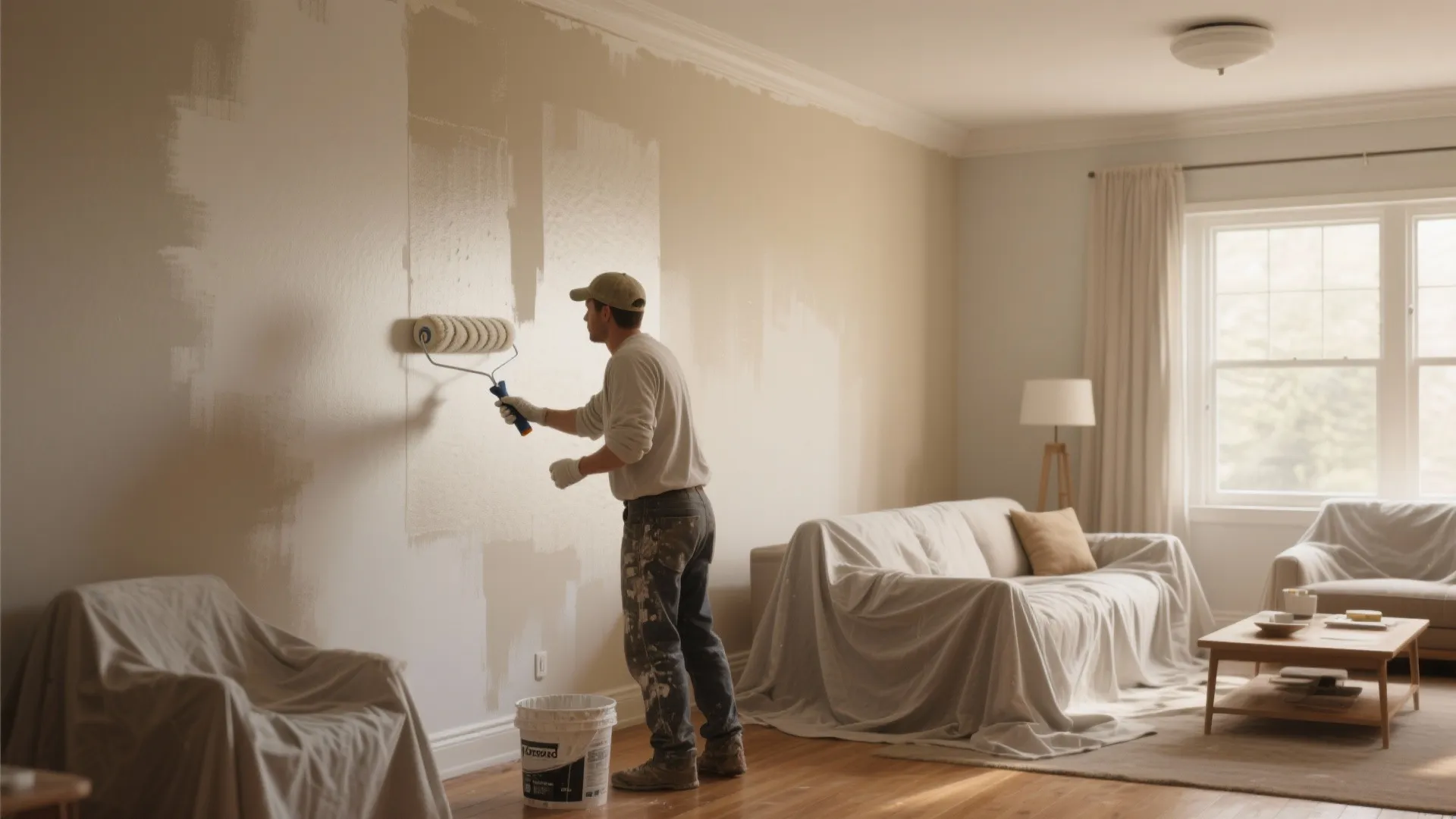 Painter using a roller to apply beige paint on living room wall with covered sofa nearby