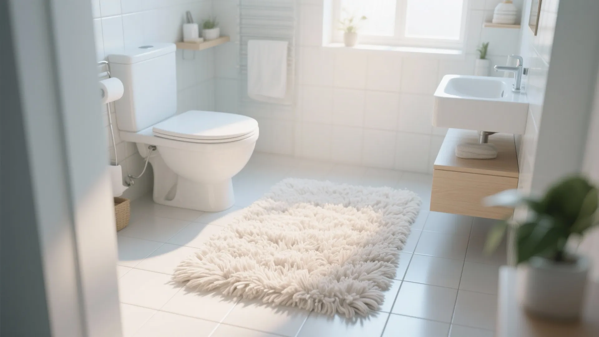 White bathroom interior with fluffy rug on floor beside the toilet sink and sunny window view