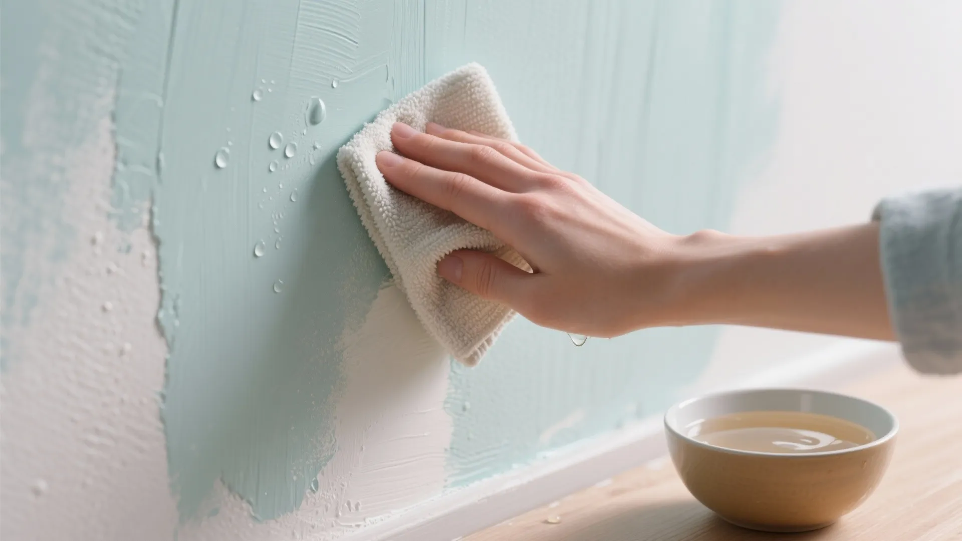 Close up of person using a white cloth to wipe wet blue paint on a wall