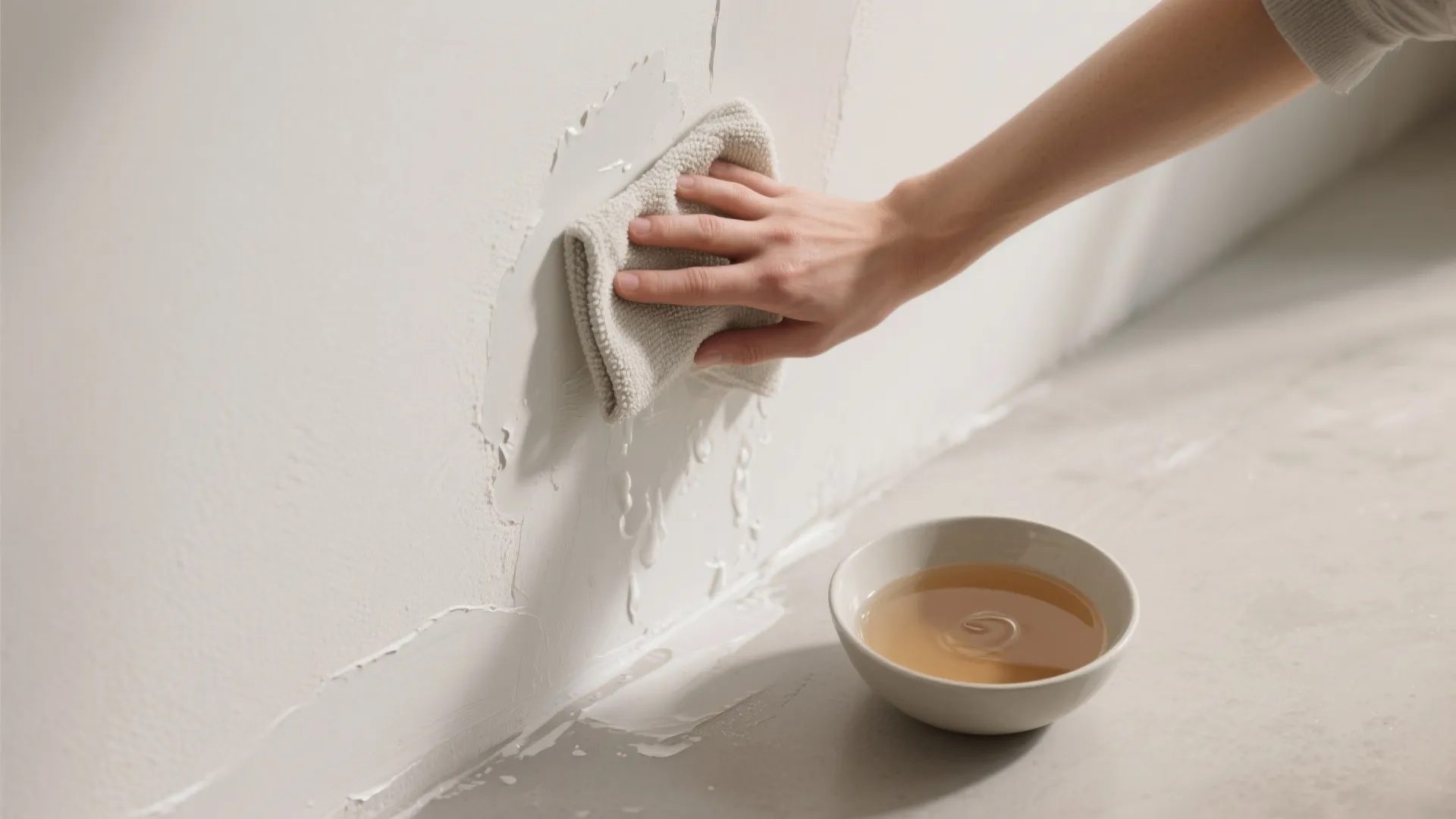 Top-down view of a hand wiping a white painted wall with a damp microfiber cloth and a bowl of warm water.