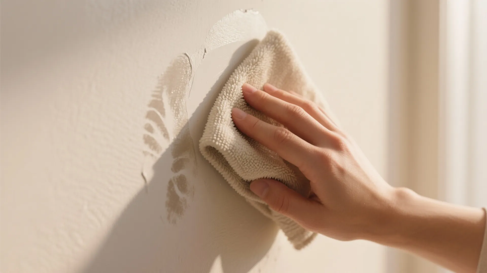 Hand using beige cloth to wipe dirty mark from a white indoor room painted wall surface
