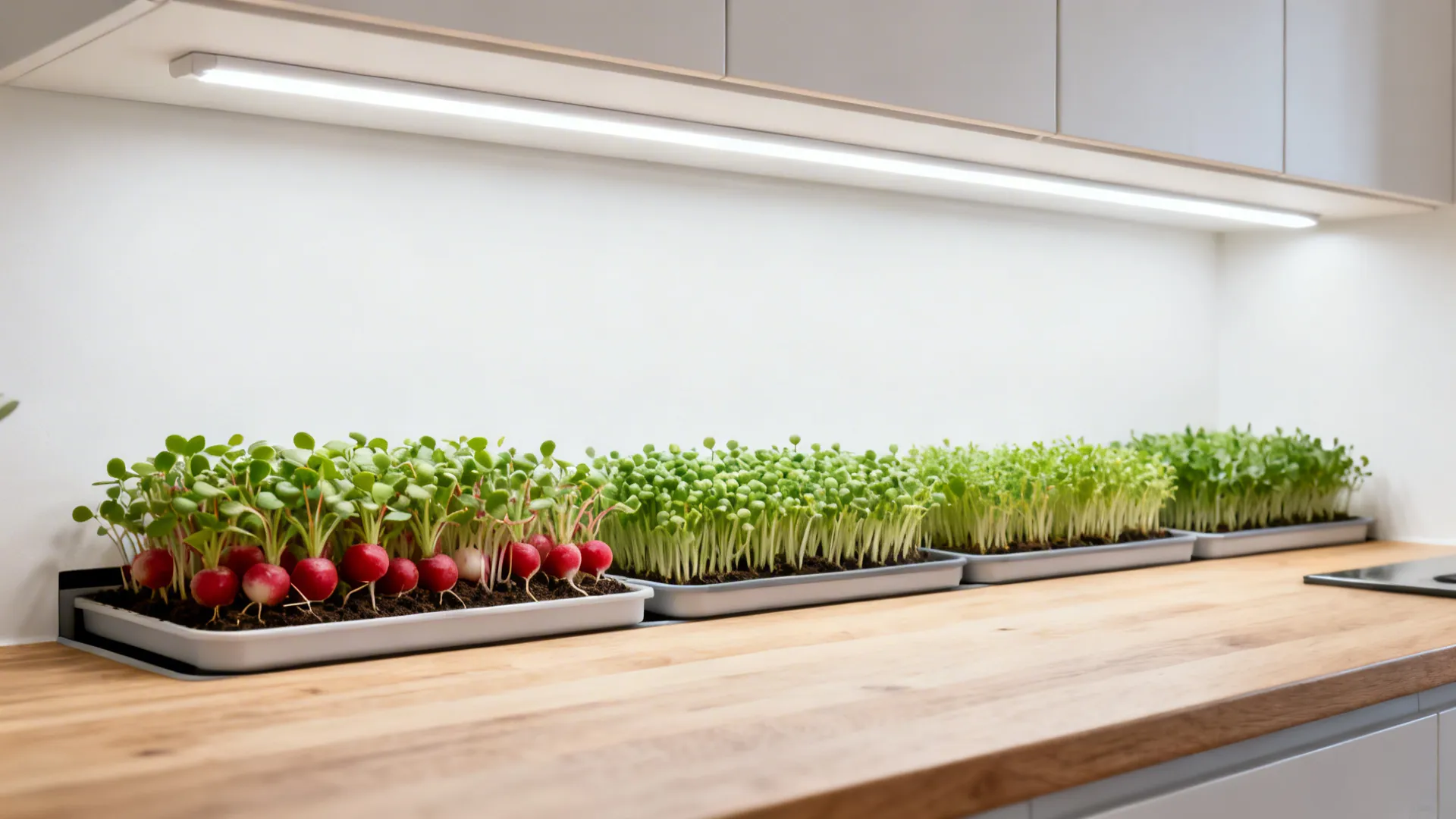 Fresh green microgreens and small radishes growing in trays on a wooden kitchen counter surface