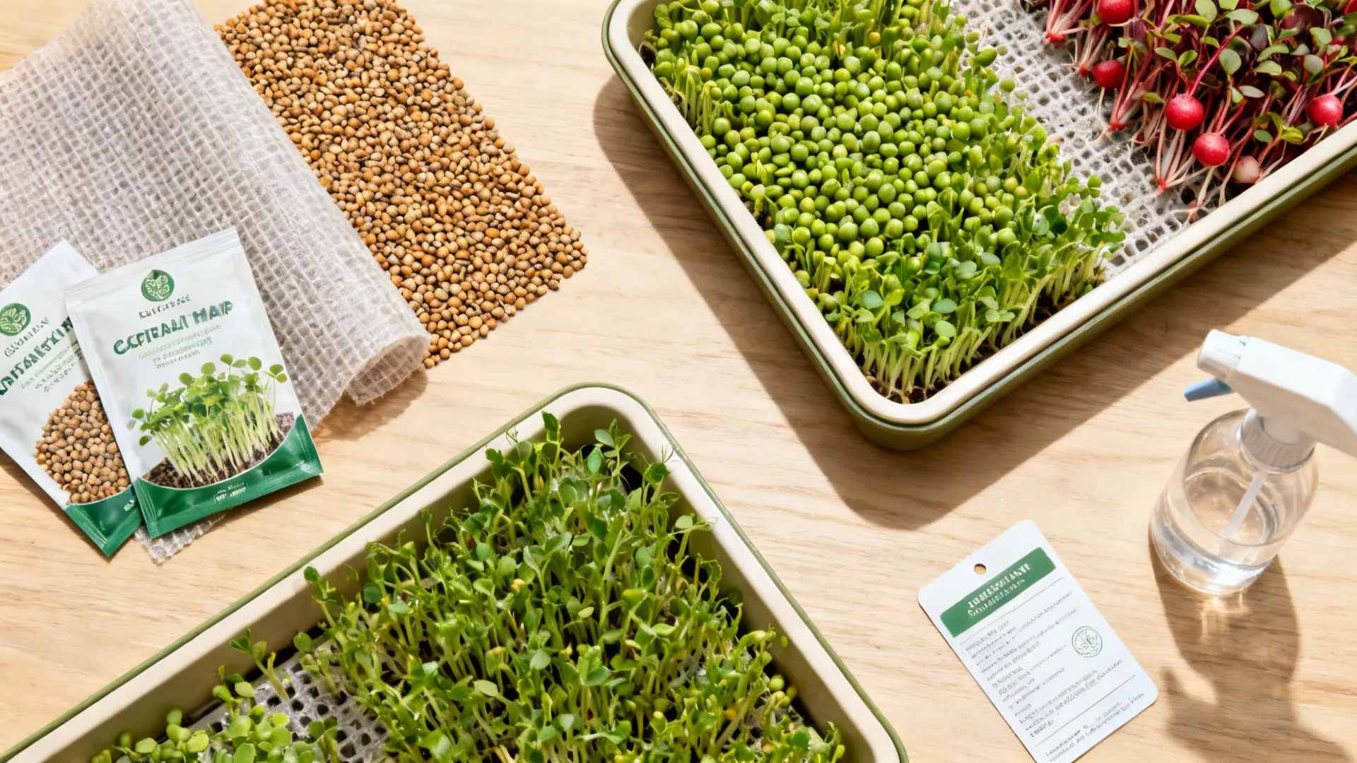 Flatlay view of microgreen trays seed packets spray bottle and seeds on light wood table