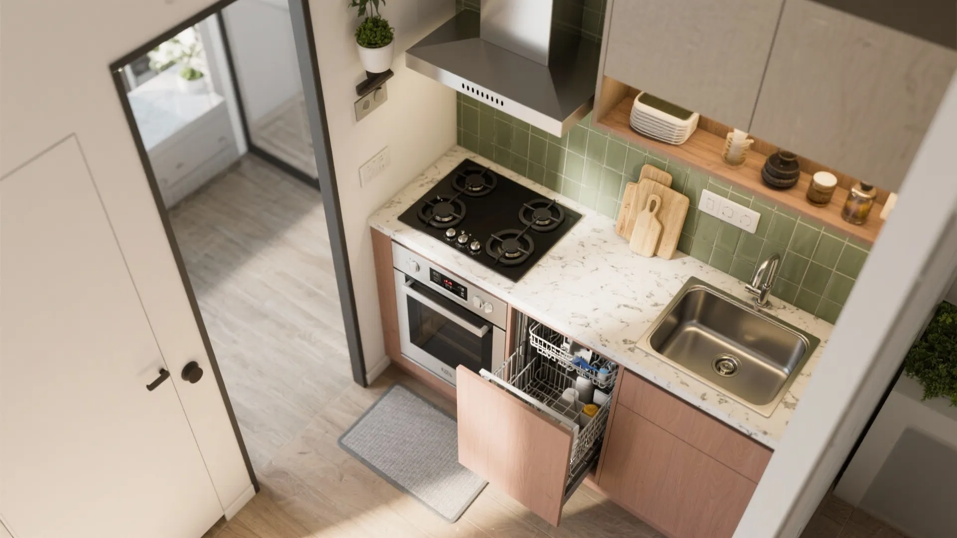 Modern kitchen with green wall tiles, marble countertop, black stove, oven, sink, and open dishwasher