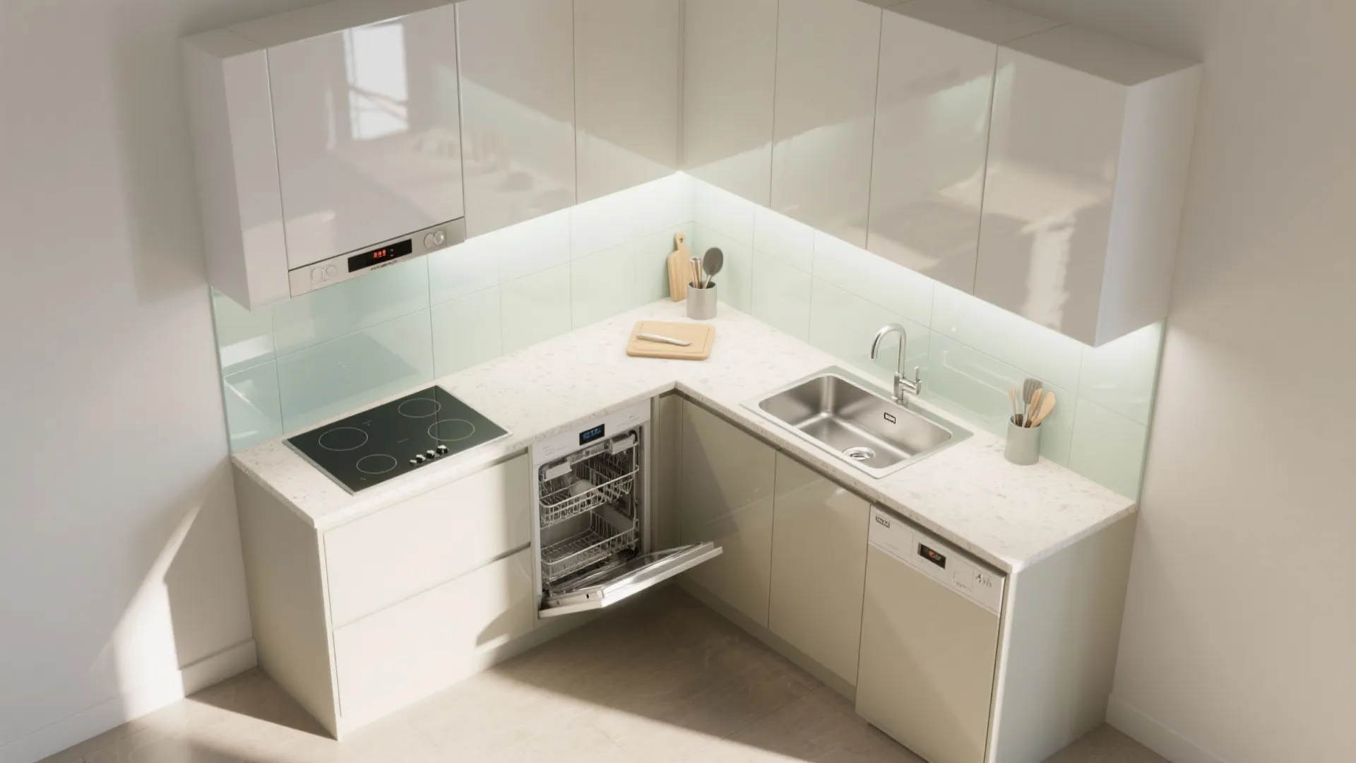 Micro Kitchen: Smart L-Shape and Shiny Surfaces