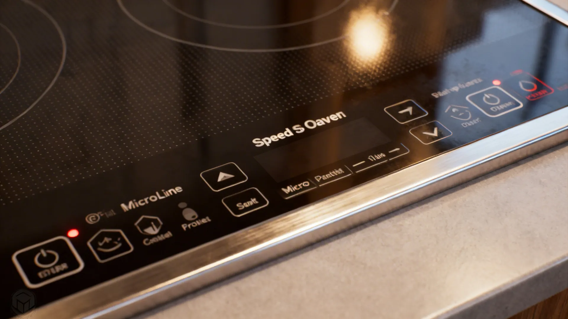 Close up of a black kitchen stove control panel with touch buttons and red indicators