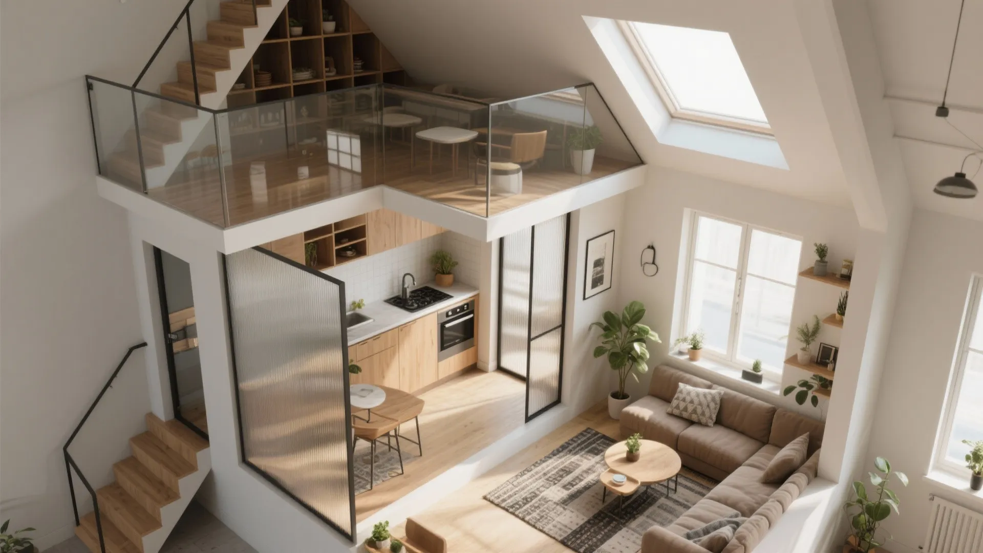 Top view of a small loft apartment with living room kitchen and stairs to bedroom