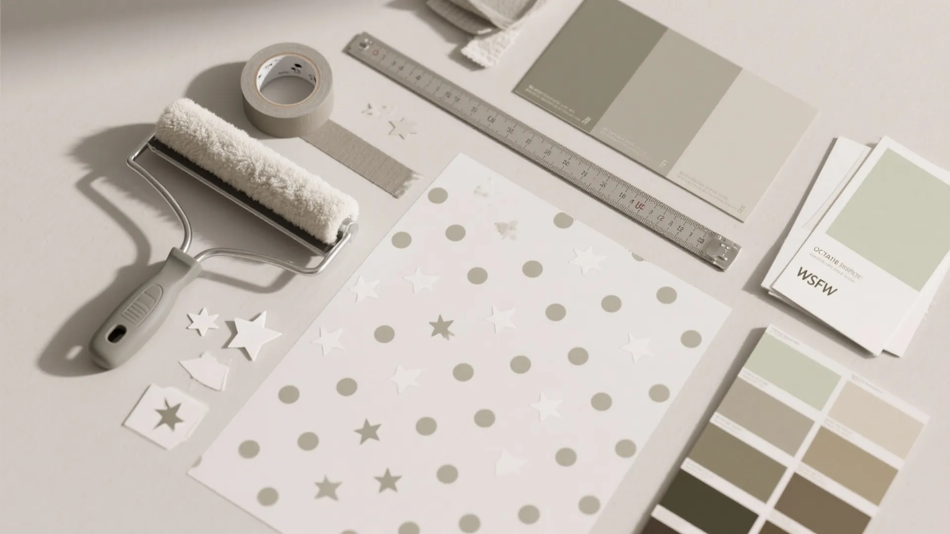 Top-down flat lay of micro-pattern vinyl dots, painter's tape, squeegee, and neutral color swatches.