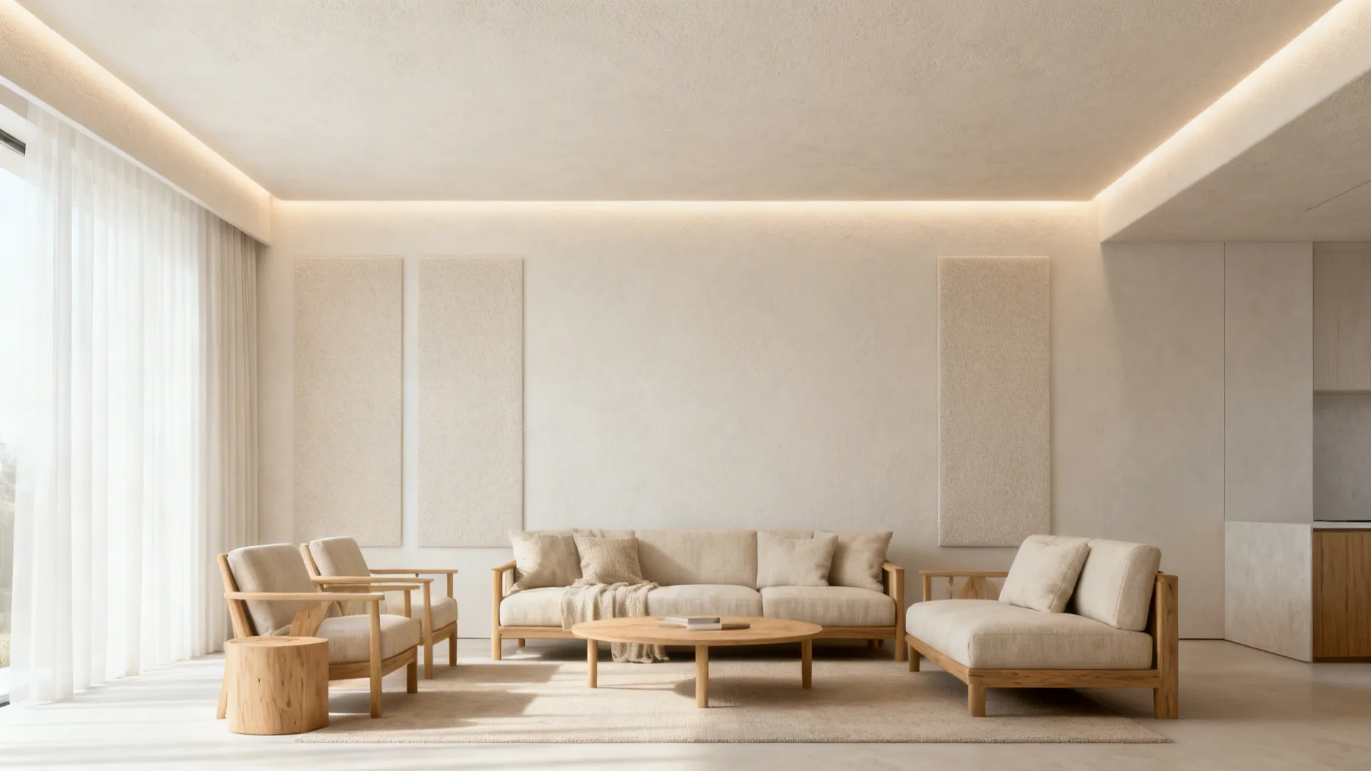 Seamless micro-plaster ceiling with subtle acoustic zones and warm neutral tones.