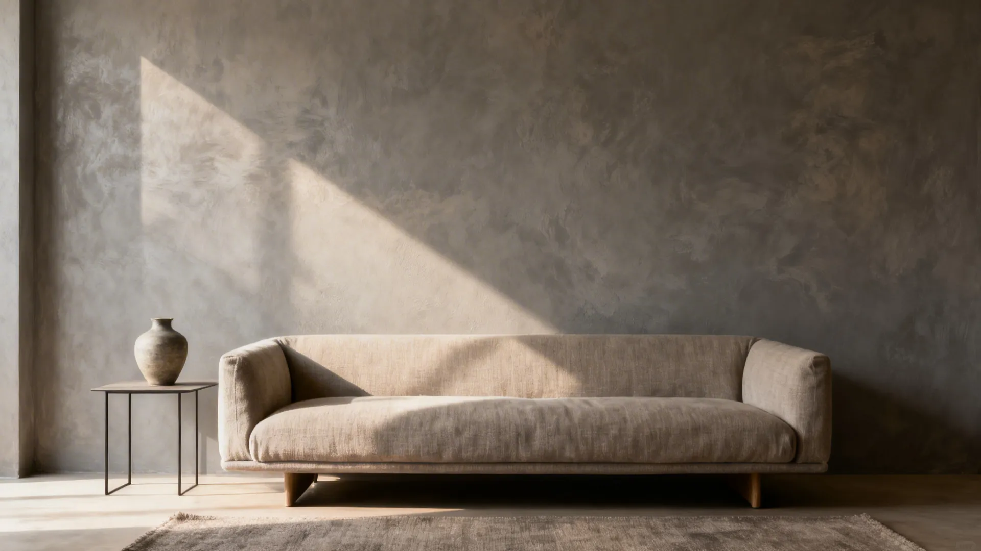 Warm gray microplaster wall behind a low-profile sofa in soft daylight.