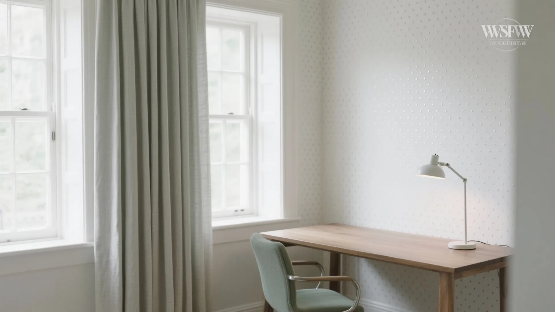 Home office featuring wooden desk green chair white lamp large window curtains and dotted wallpaper