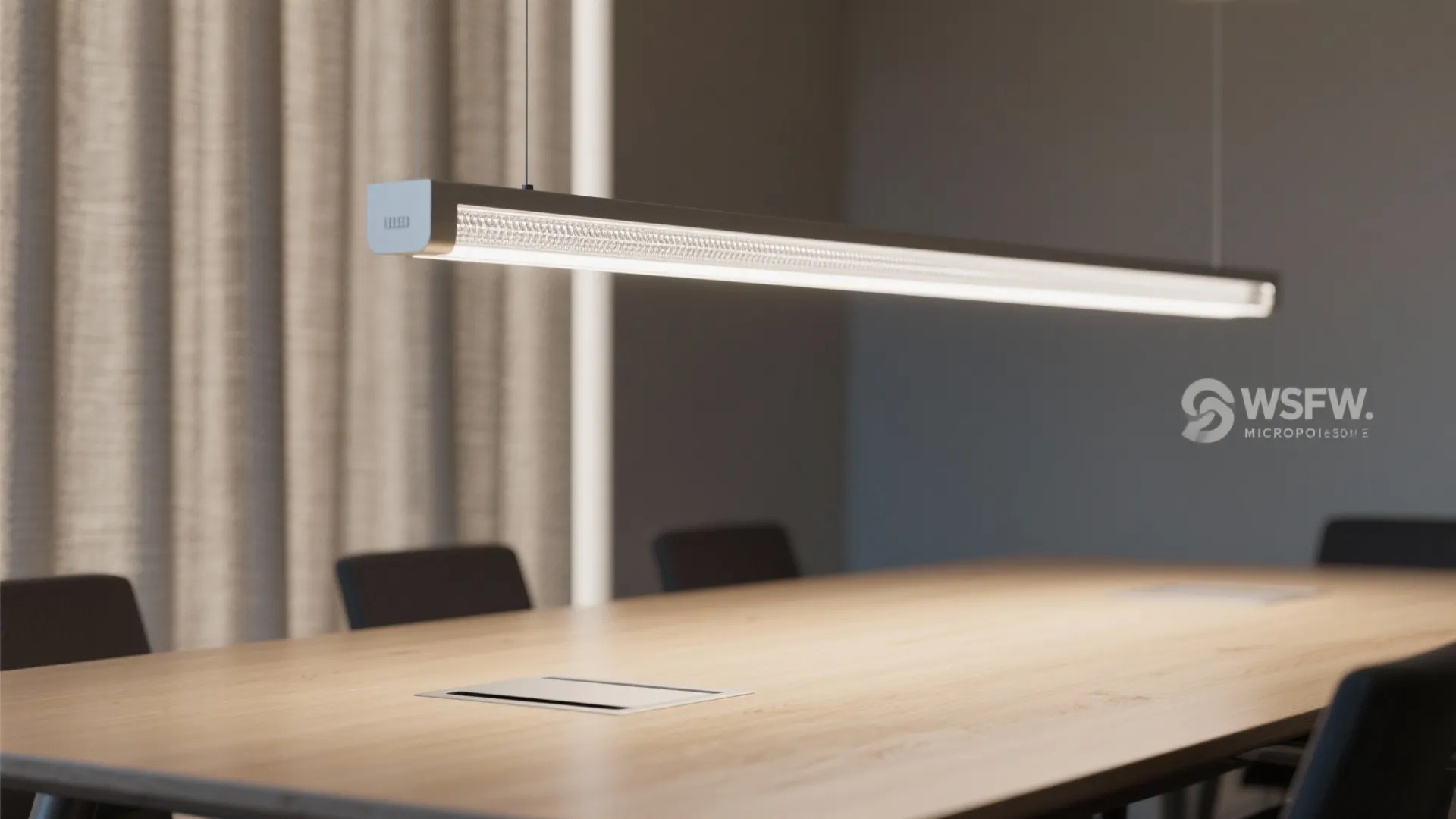 Modern linear light fixture hanging over a wooden meeting table with grey curtains and black chairs