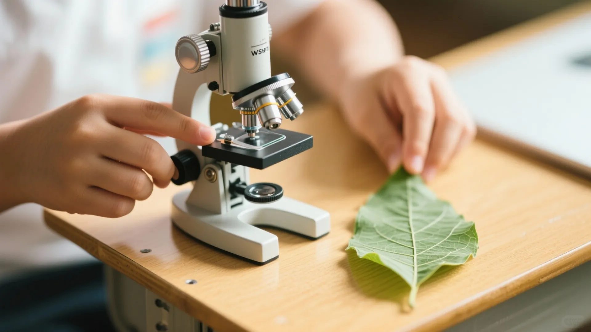Child using a microscope to examine a green leaf at a desk