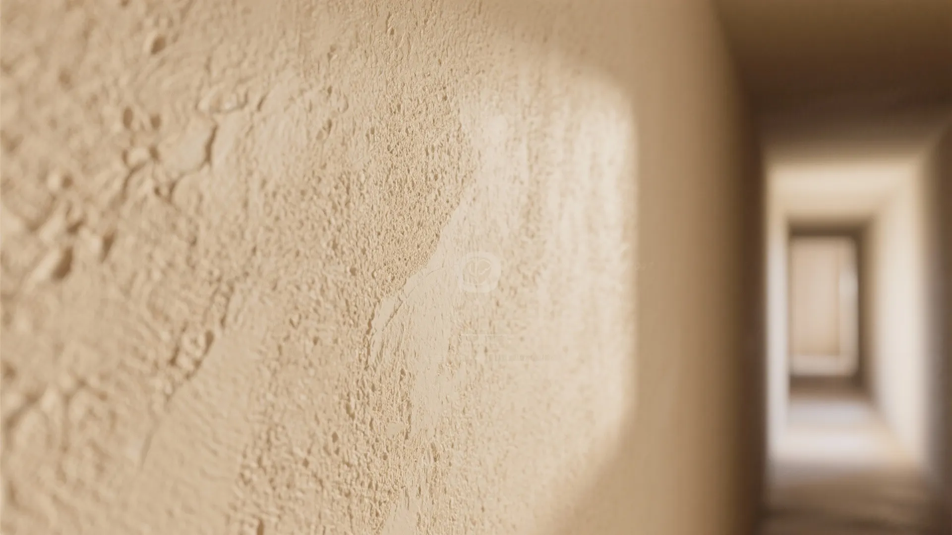Close up view of cream colored textured wall finish in a brightly lit hallway interior