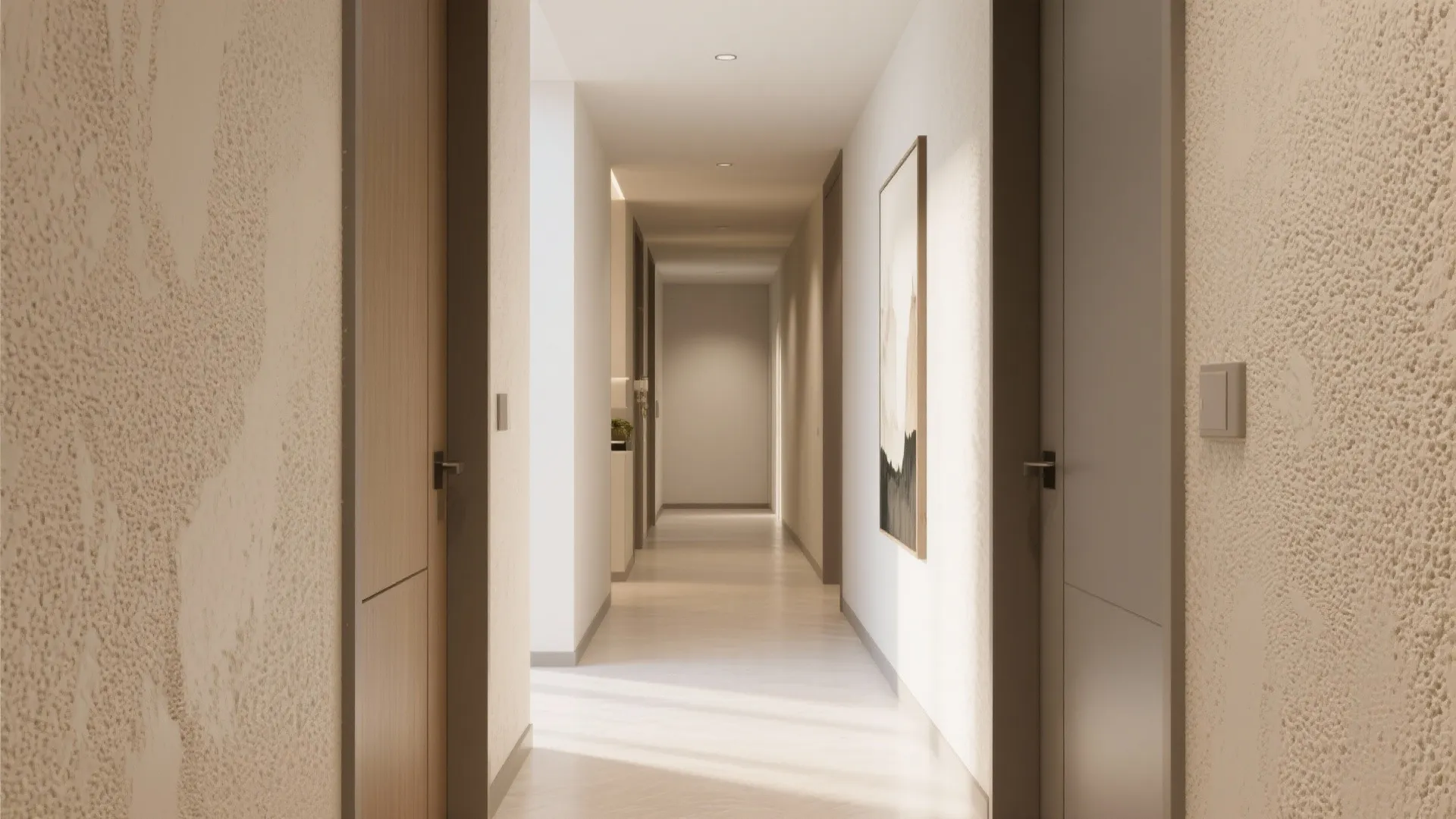 Modern long hallway with textured beige walls wooden doors framed wall art and ceiling lights