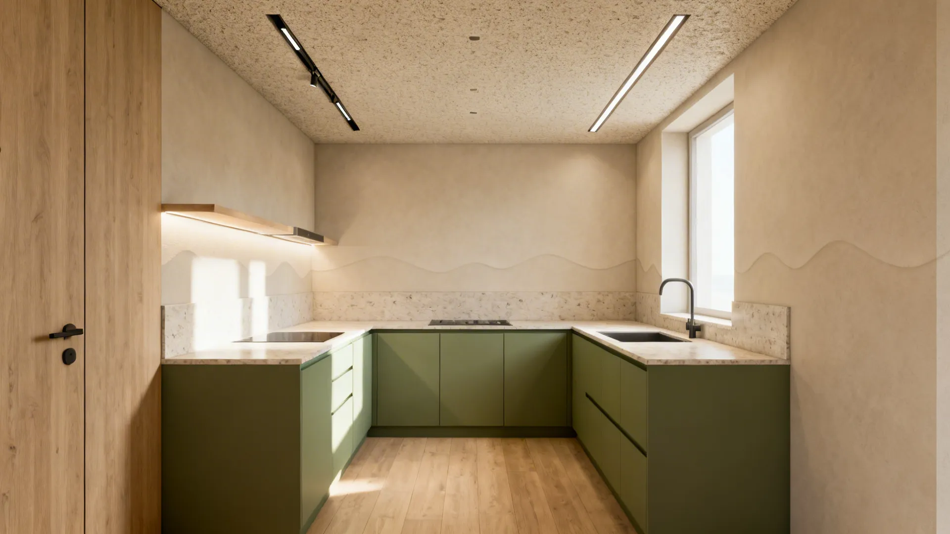 Modern small kitchen with micro-textured POP ceiling and recessed hidden track lighting slot.