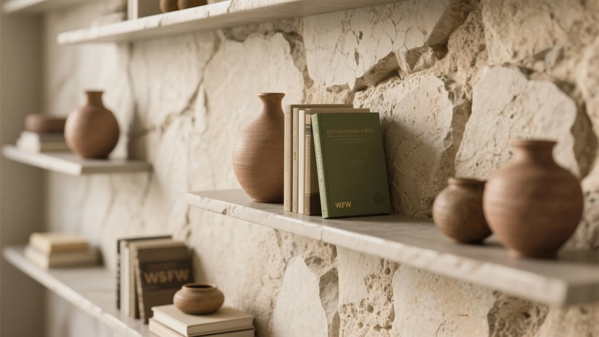 2. Tactile Micro-Texture Behind Floating Shelves