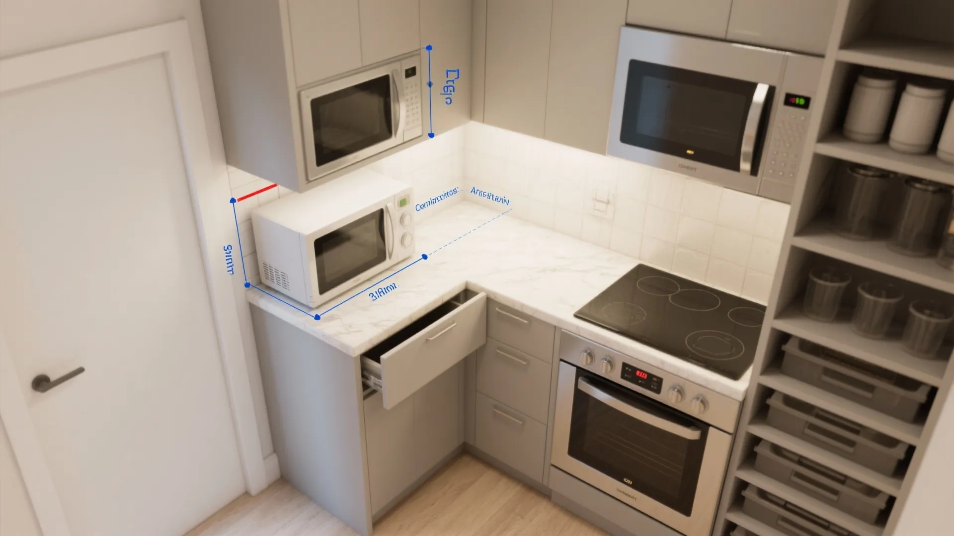 Kitchen interior design drawing showing microwave space measurements with grey cabinets and a silver oven