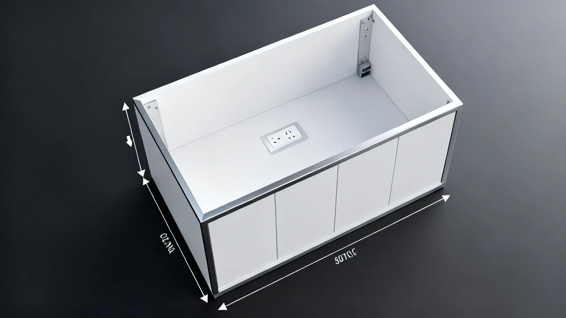 Top-down view showing cabinet clearances and outlet placement for a built-in microwave