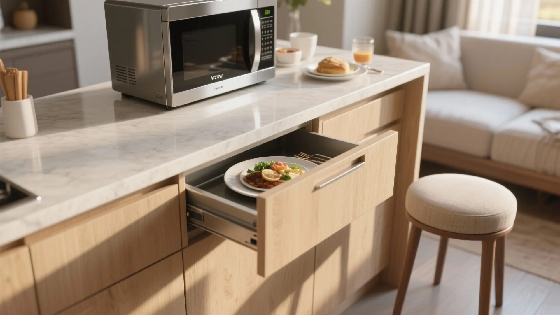 Modern kitchen island with a microwave on top and an open drawer holding a plate