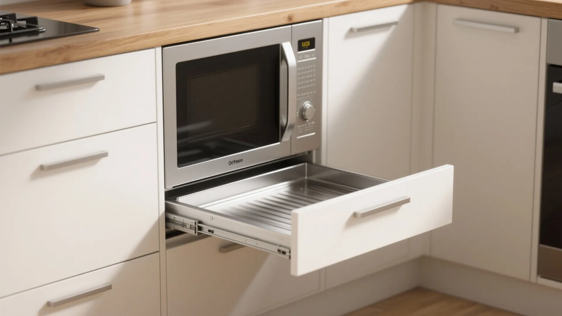 Lower cabinet microwave drawer open in a minimalist small kitchen, showing stainless steel interior and seamless cabinetry.