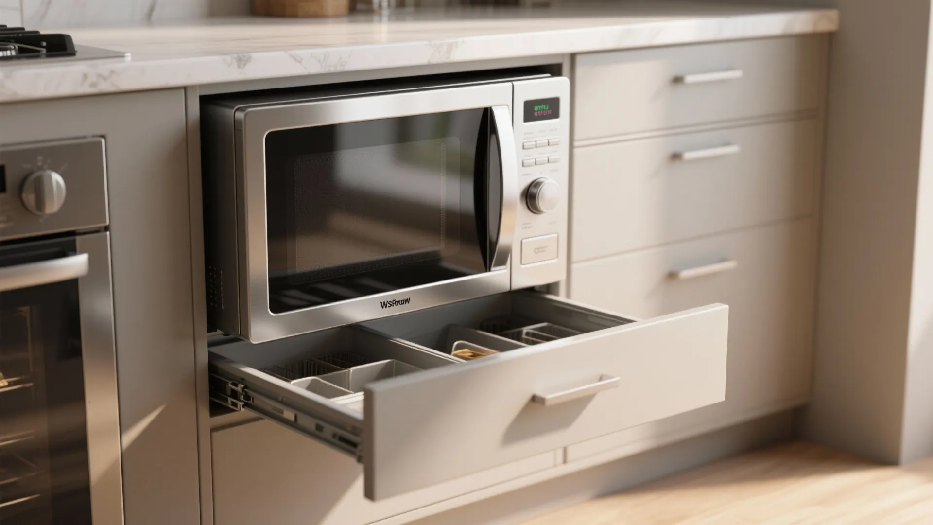 Silver microwave placed above an open kitchen drawer with organizers in a modern grey cabinet