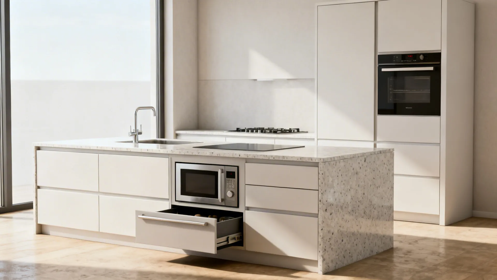 Under-counter microwave drawer beneath prep area with a wall oven nearby