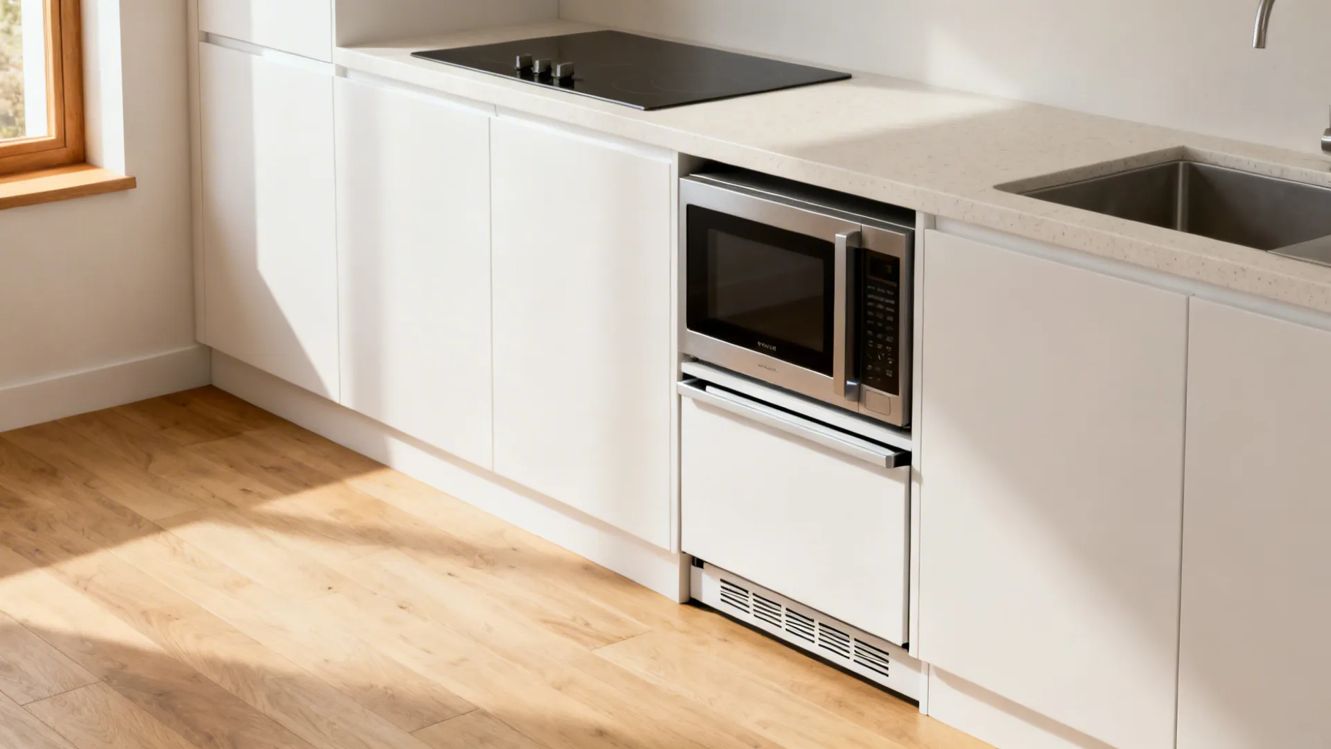 Small galley kitchen with a flush microwave drawer under the prep counter.