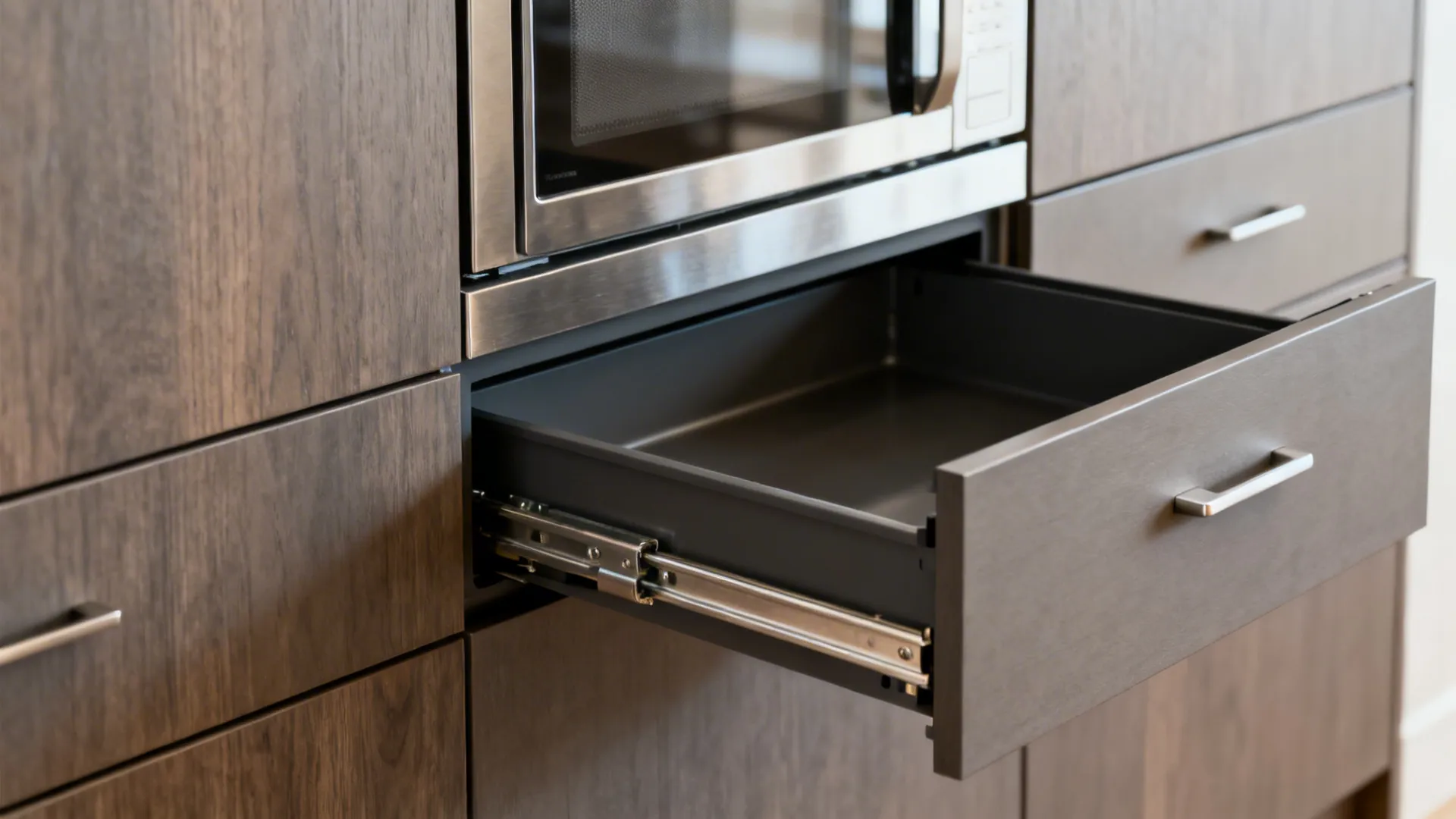 Close-up of a microwave drawer mechanism and aligned cabinet fronts.