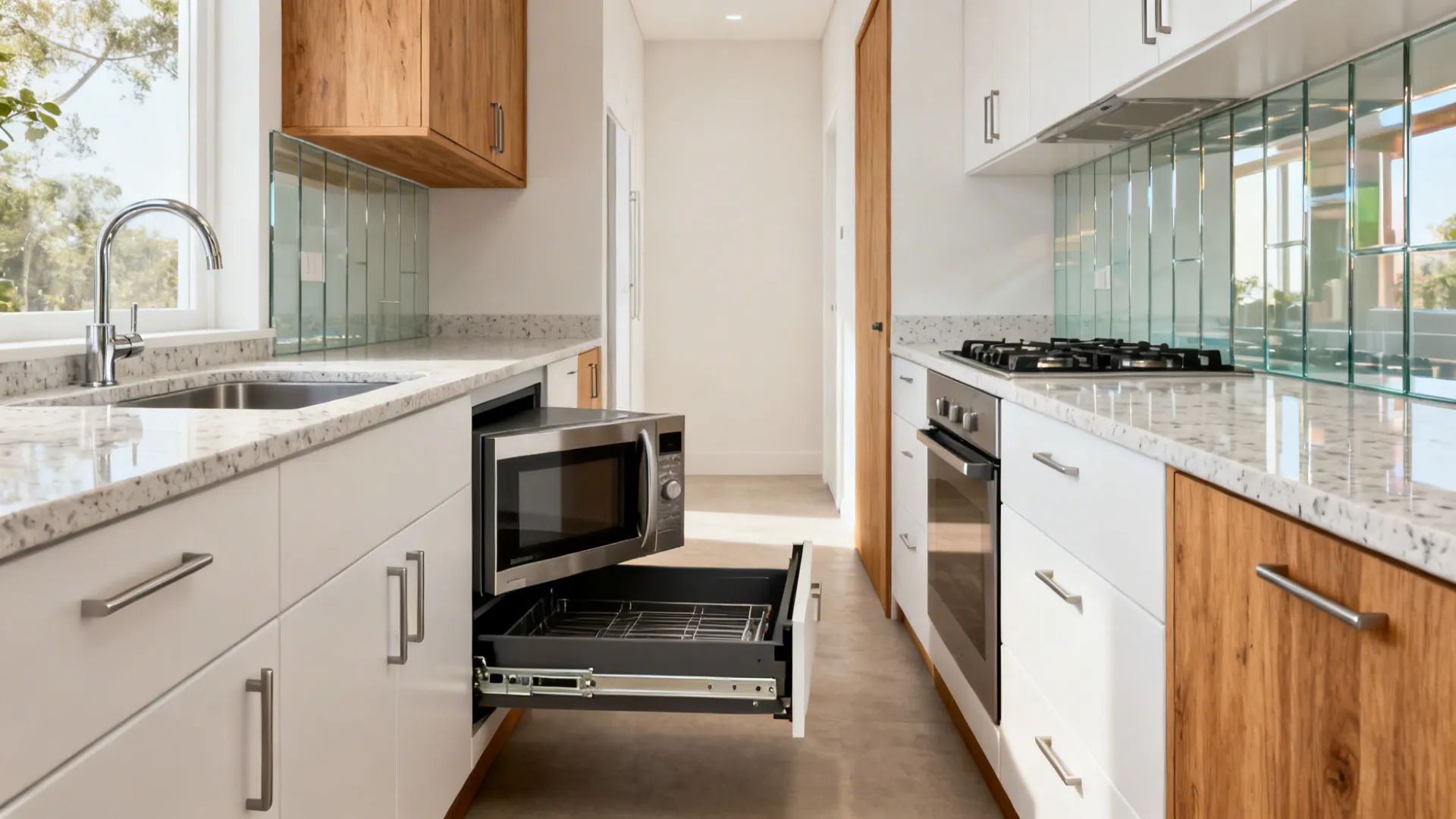 Under-counter microwave drawer in a narrow galley kitchen with clear walkway and landing space.
