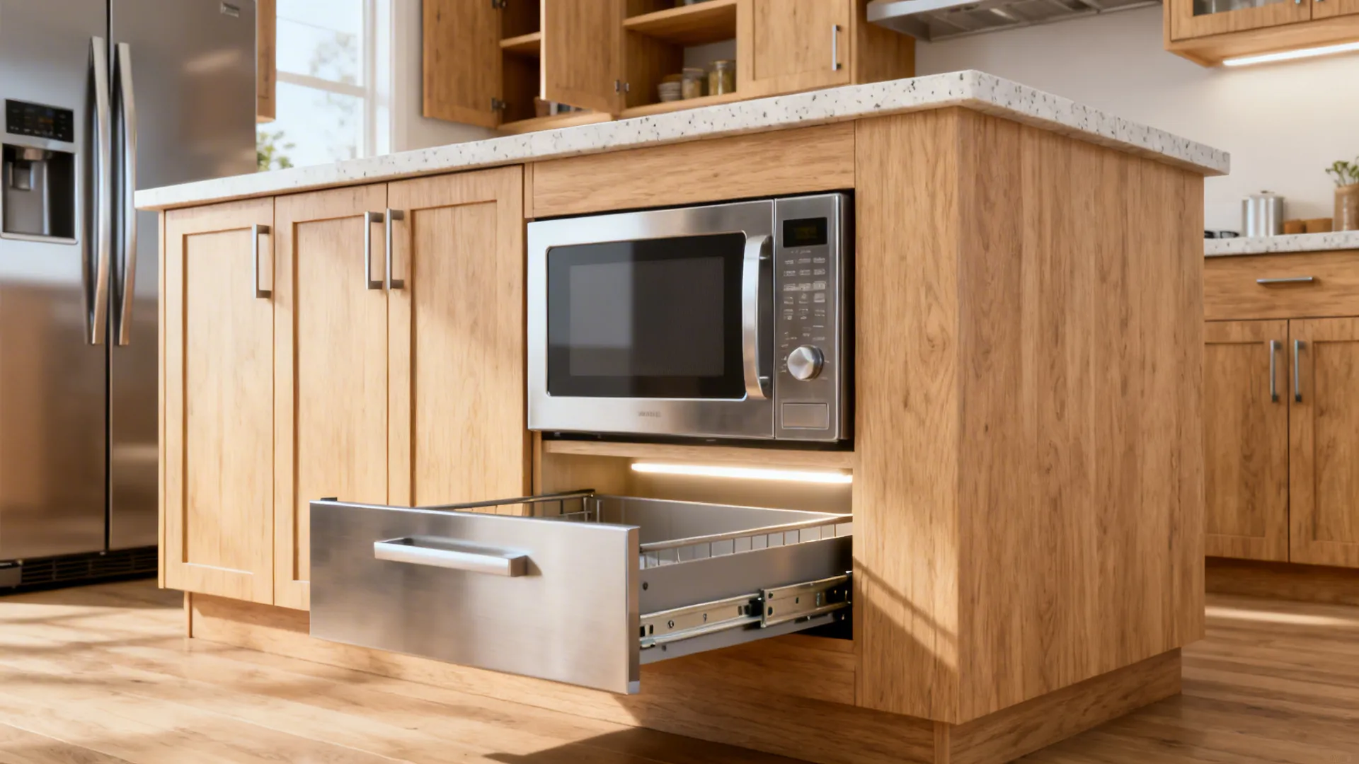 Under-counter microwave drawer integrated into a peninsula with slab oak fronts