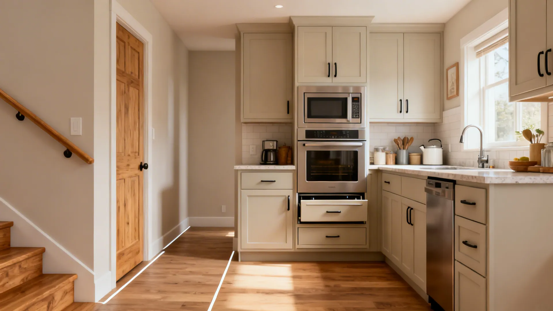 Kitchen with a chest-height wall oven and a microwave drawer near the prep area.