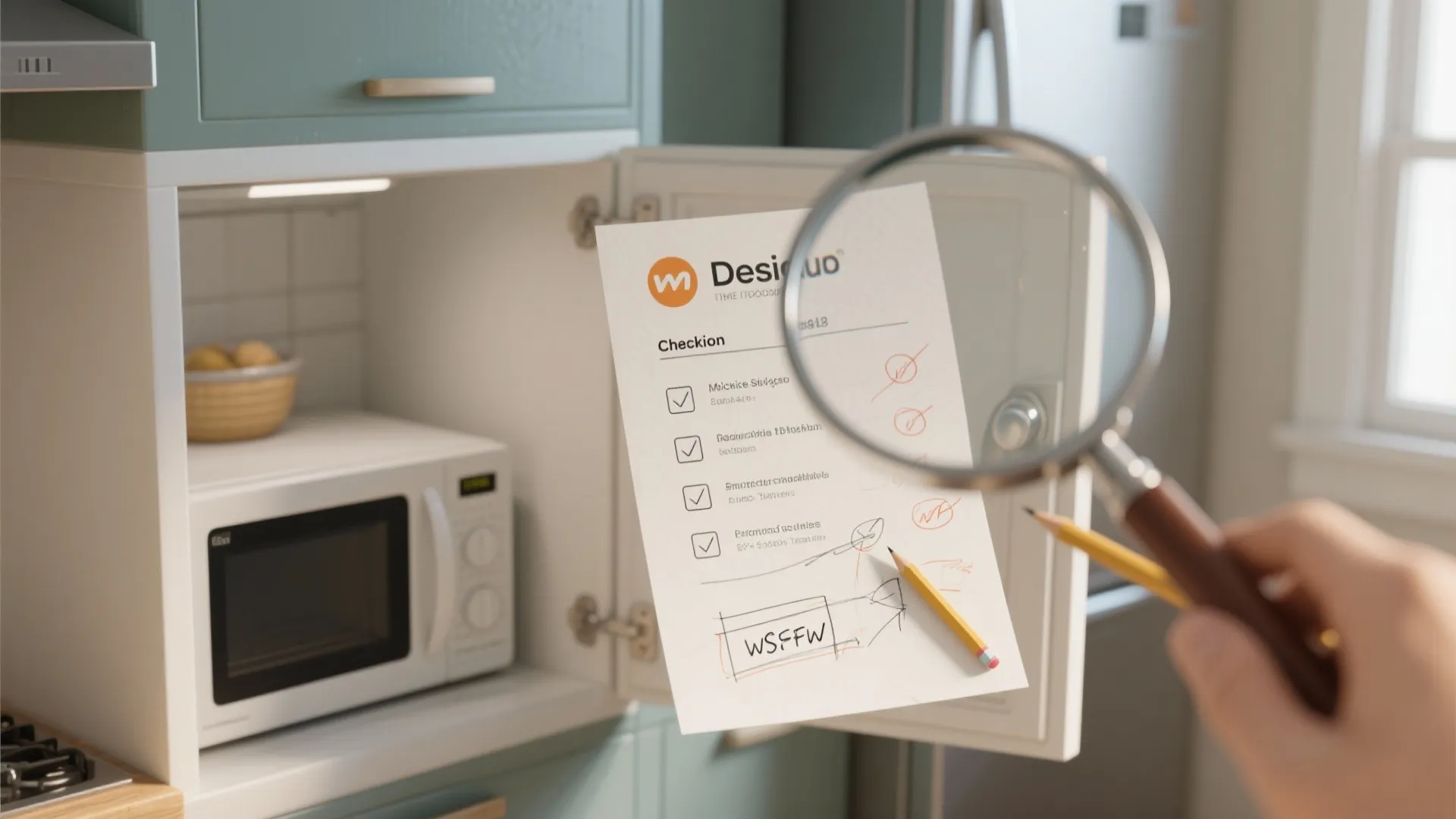 Macro close-up of a mockup thumbnail and checklist highlighting microwave door swing and clearance notes for small kitchens.