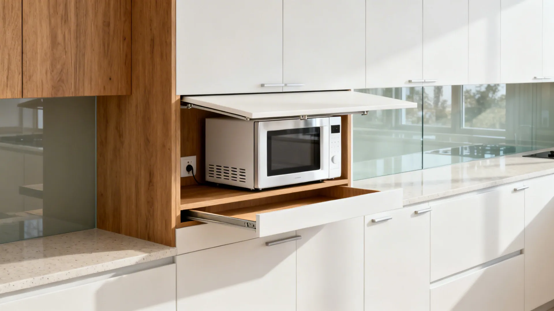 Minimalist wall cabinet niche with flip-up door hiding a microwave and slim pull-out shelf.
