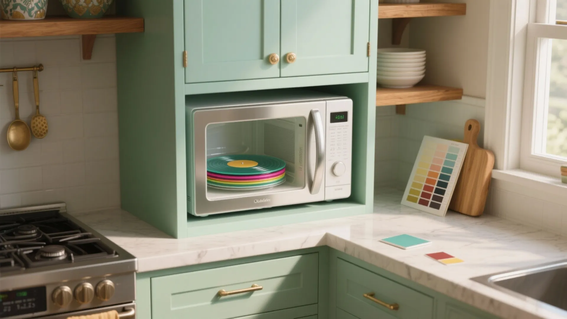 Silver microwave oven on white marble countertop with green kitchen cabinets and wooden wall shelves