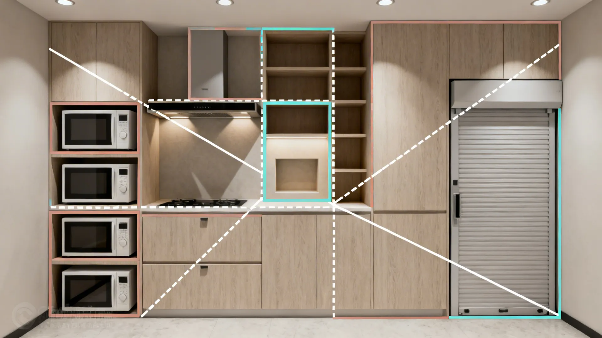 Top-down compact kitchen plan highlighting five microwave placement options.