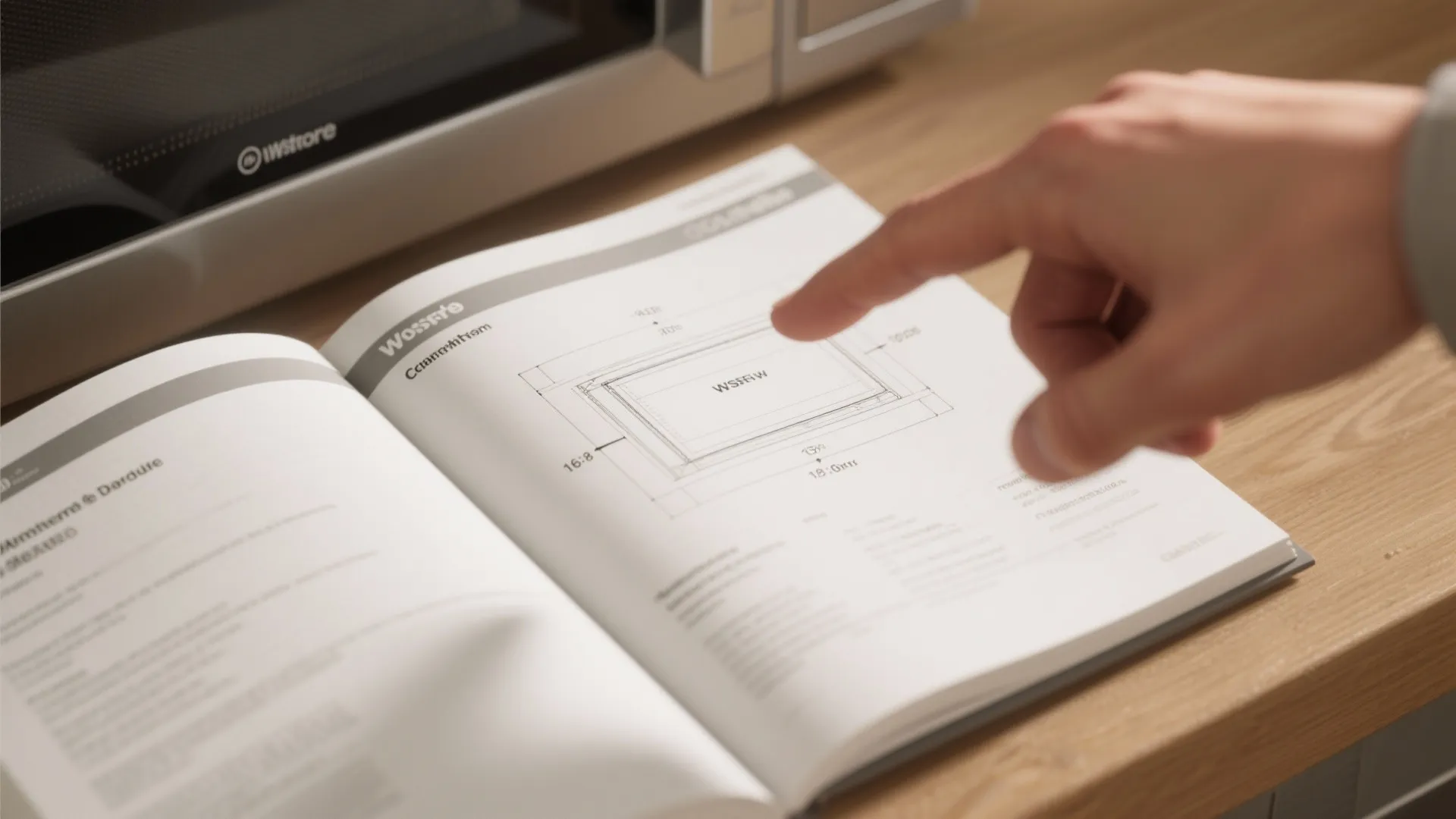 Close-up of a microwave manual showing clearance specifications and measurements for safe installation.
