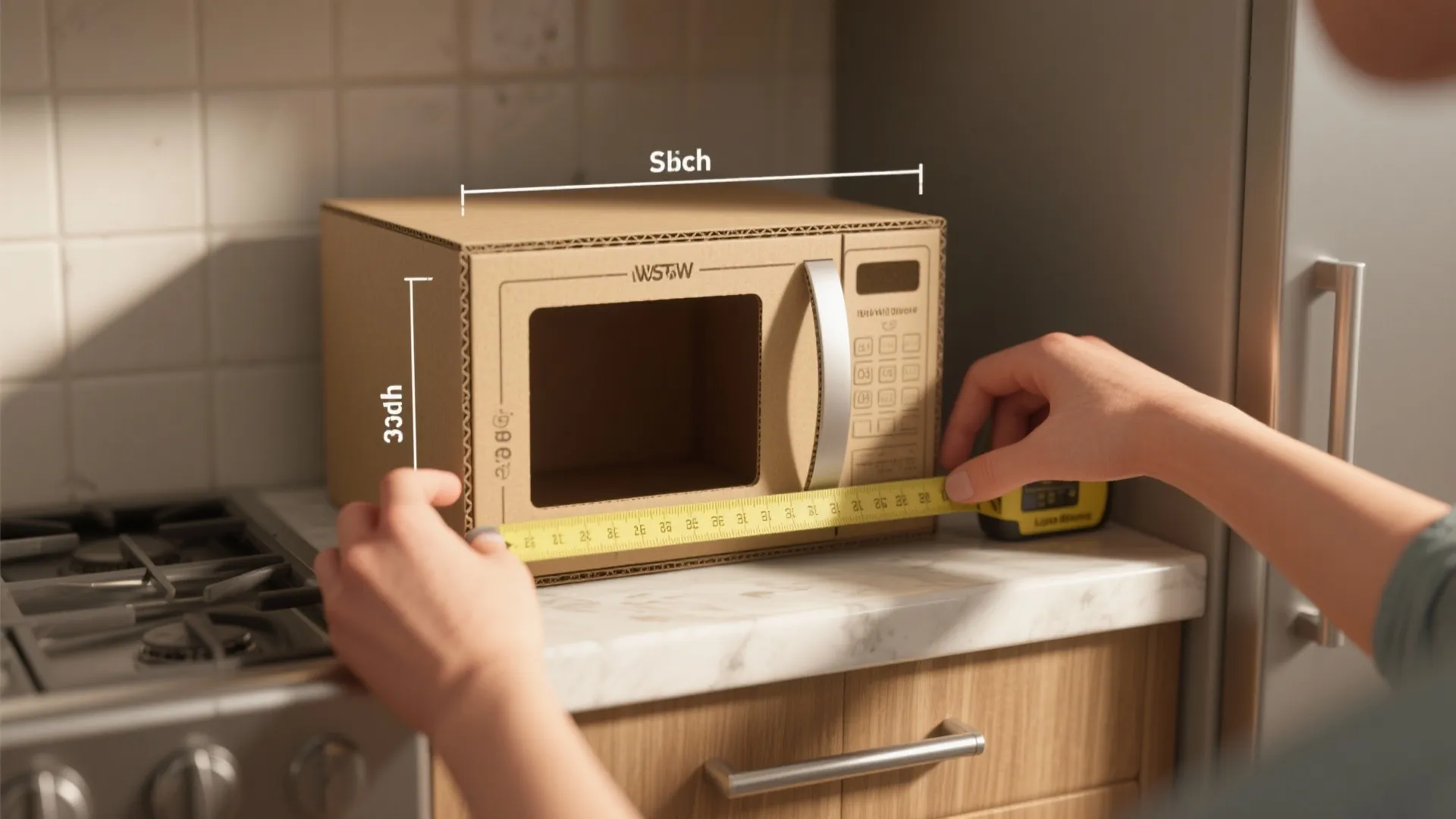 Cardboard mockup and measuring tape on a small kitchen counter showing how to measure for microwave fit.